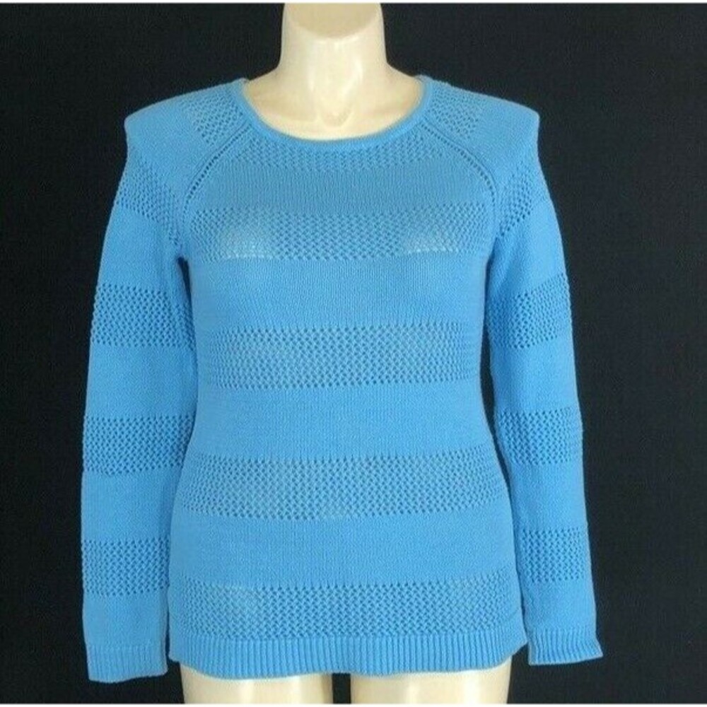 Talbots Sweater MED Blue Loose Knit Stripe Long Sl Top